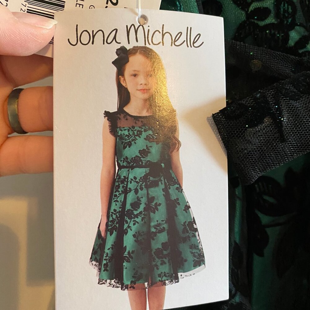 GIRL'S JONA MICHELLE GREEN BLACK LACE FLORAL FORMAL DRESS SZ 10